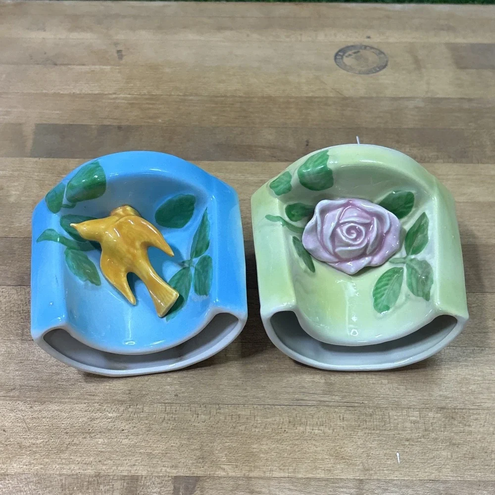Vintage MCM Ceramic Corner Wall Pocket Planters Rose Bird 1940s 1950s Pair